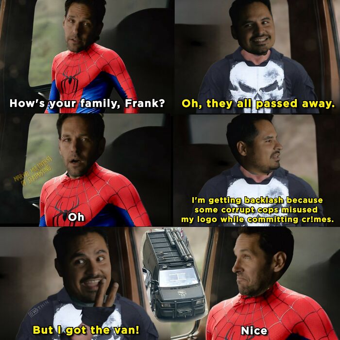 Two men dressed as Spider-Man and Punisher share a funny Marvel meme about family, crime, and a van in a vehicle.