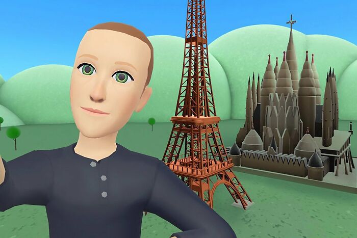 Animated avatar resembling a man posing with virtual models of the Eiffel Tower and a cathedral, illustrating the next big thing that totally flopped.