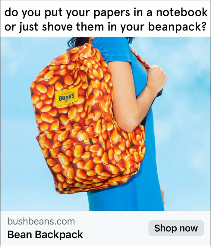 Person wearing a colorful bean print backpack, showcasing one of the weirdest purchases people would make in a heartbeat.