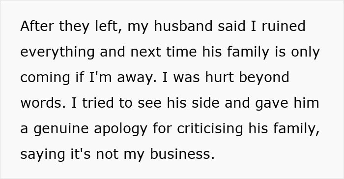 Text excerpt about a wife hosting MIL and SIL, husband calling her fake when she complains in private. Text excerpt about a wife hosting MIL and SIL, husband calling her fake when she complains in private.