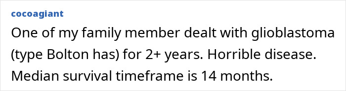 Comment mentioning family member dealing with glioblastoma, the weird symptom Michael Bolton had before diagnosis.