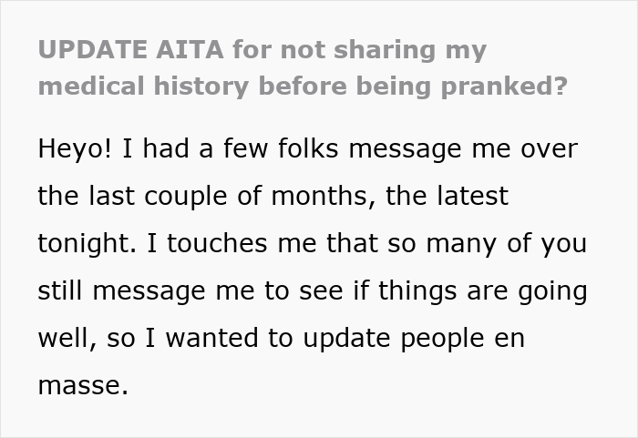 Text excerpt discussing updates after a prank involving a schizophrenic man during a hospital visit.