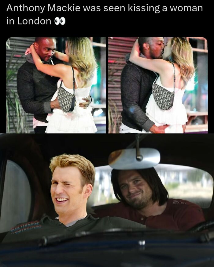 Marvel memes featuring Anthony Mackie kissing a woman and a humorous scene with Captain America and Winter Soldier.