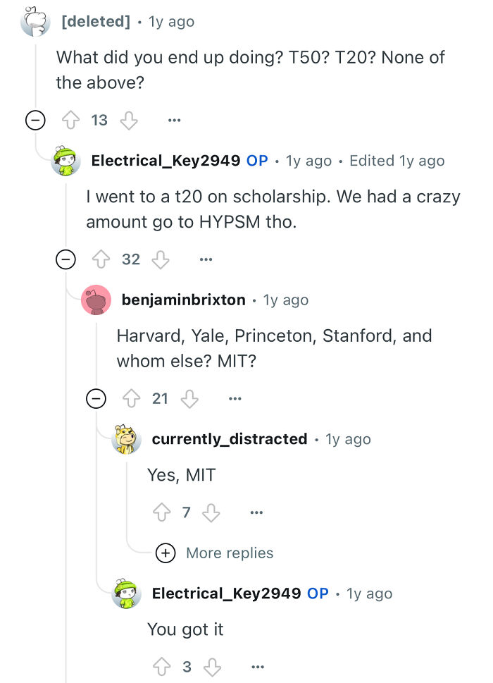 Reddit conversation with a person who studied in a prestigious private school answering questions about their educational path.