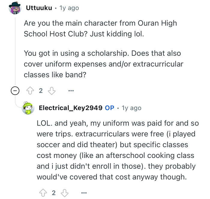 Screenshot of a discussion about scholarships, uniforms, and extracurricular costs from a person studied in a prestigious private school.