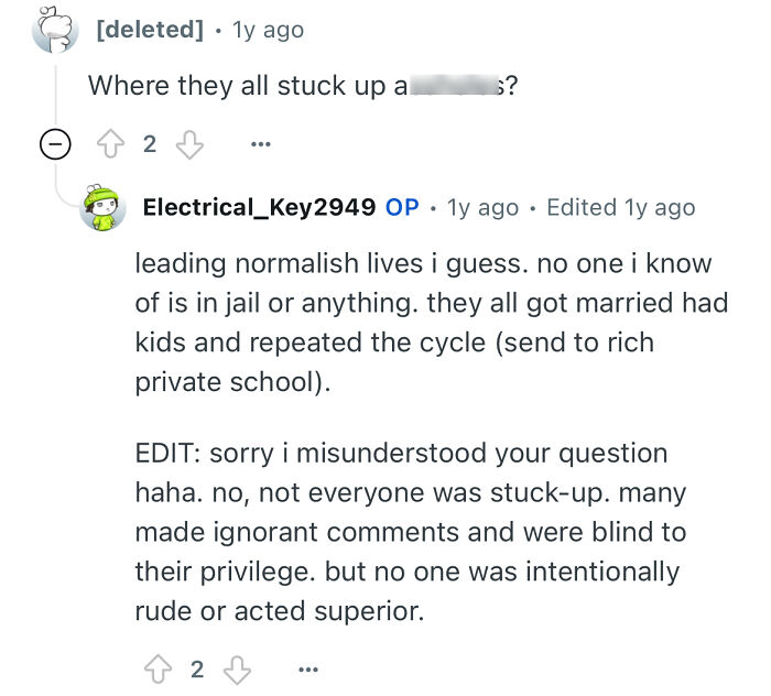 Reddit conversation featuring a person studied in a prestigious private school answering questions about privilege and lifestyle.