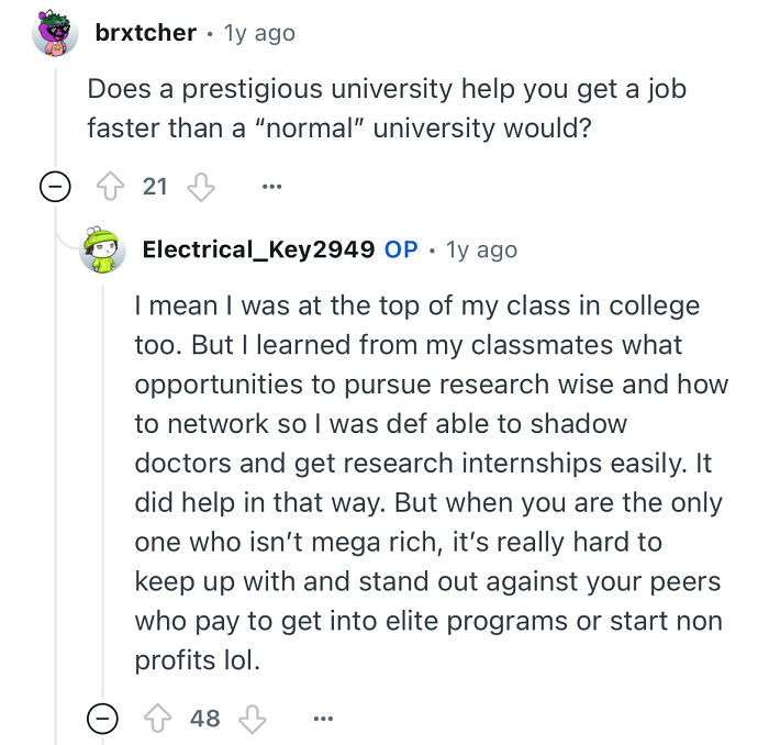 Reddit user shares insights on attending a prestigious private school and networking for research and internships.