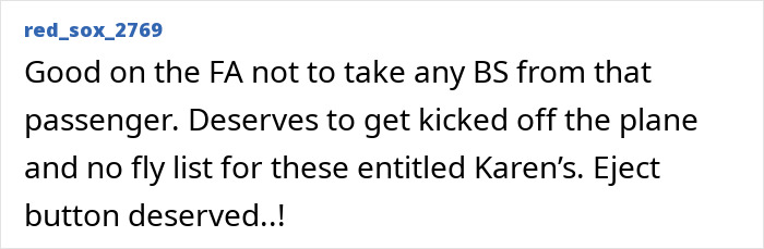 Alt text: Online comment praising flight attendant for ejecting entitled passenger who was kicked off flight for rude behavior. Alt text: Online comment praising flight attendant for ejecting entitled passenger who was kicked off flight for rude behavior.