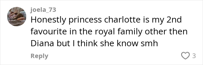 Social media comment praising Princess Charlotte as second favorite in the royal family after Diana.
