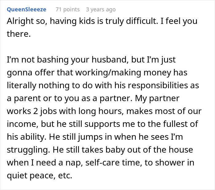 Comment discussing the difficulties of having kids, highlighting challenges of motherhood and partner support. Comment discussing the difficulties of having kids, highlighting challenges of motherhood and partner support.