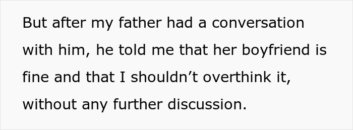 Text excerpt discussing a father&rsquo;s conversation about a woman&rsquo;s boyfriend acting secretive and mysterious.