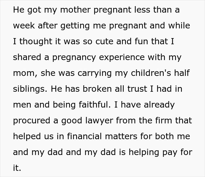 Text describing a woman revealing her mother's 22-year affair with her husband and the resulting family betrayal.