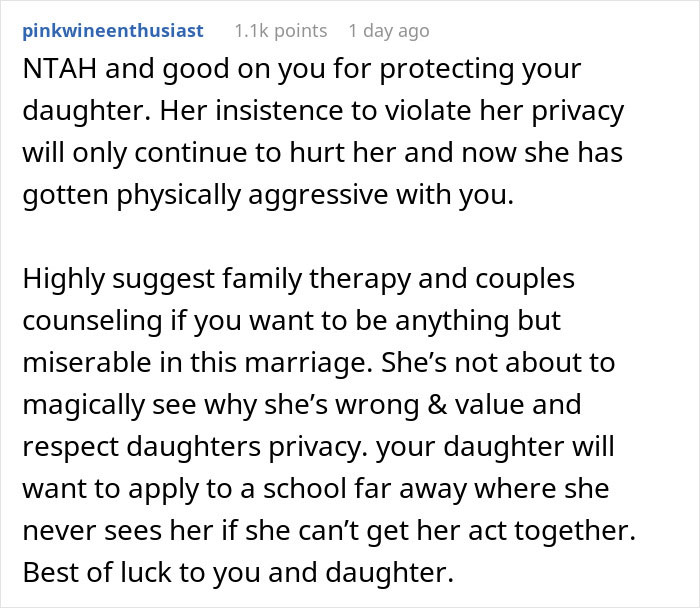 Comment advising family therapy and respecting daughter's privacy in telling wife why daughter doesn't trust situation.