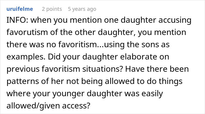 Comment discussing single sister struggling with sibling engagement and perceived family favoritism issues online.