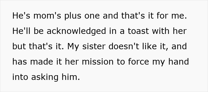 Text on a white background: Bride refuses to let mom's hubby walk her down the aisle while bratty sister causes conflict.