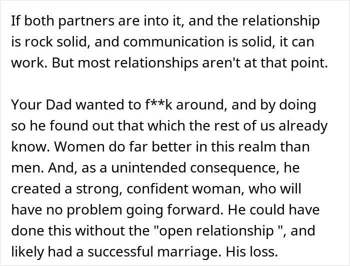Text excerpt discussing challenges of open marriage and how communication affects relationship success with Dad wanting an open marriage.