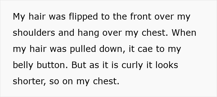 Text excerpt describing long curly hair flipped over shoulders and chest, relating to getting too short haircut comparison. Text excerpt describing long curly hair flipped over shoulders and chest, relating to getting too short haircut comparison.
