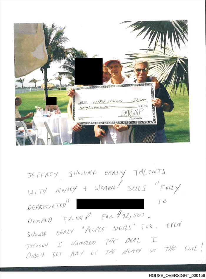 Group holding oversized check made out to Jeffrey Epstein, featured in Epstein 50th birthday book photos.