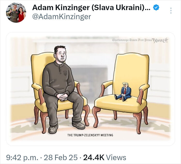 Cartoon showing the Trump-Zelenskyy meeting with Zelenskyy in a chair and a tiny Trump sitting on another chair.