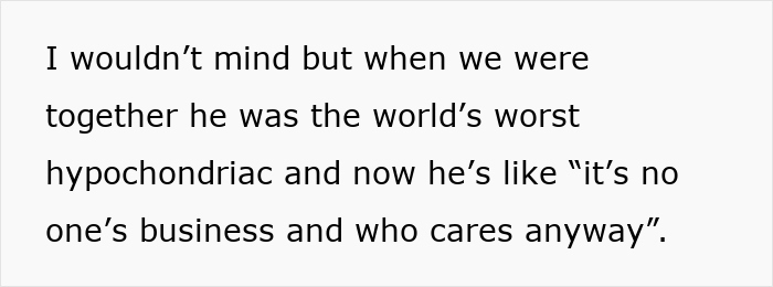Text showing a woman feels betrayed after learning of her ex-husband's cancer diagnosis by snooping without him telling her.