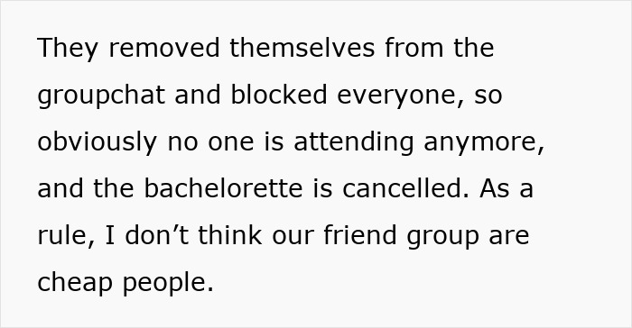 Text excerpt discussing a bride demanding money from friends after cheap wedding shower gifts caused conflict.