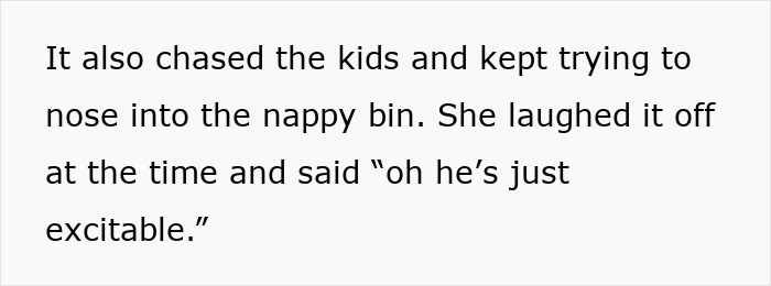 Text showing a woman’s therapy dog misbehaving at a family BBQ, leading to its ban from the event. Text showing a woman’s therapy dog misbehaving at a family BBQ, leading to its ban from the event.