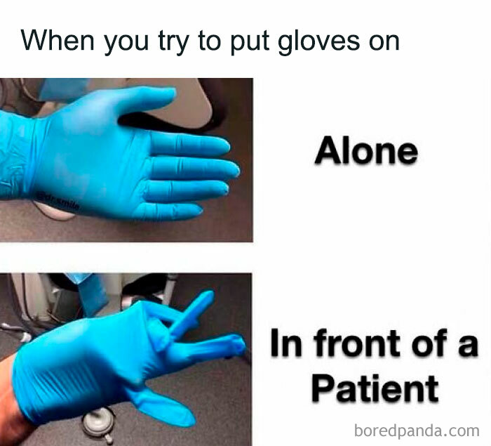 Blue medical gloves being worn correctly alone and awkwardly in front of a patient, relating to EMT and paramedic humor.