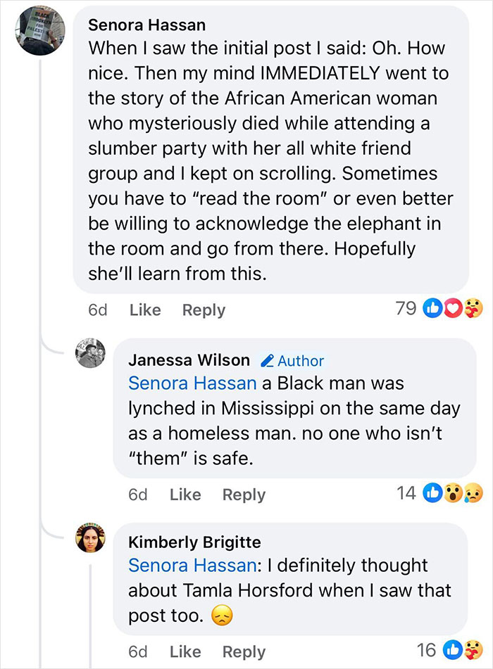 Screenshot of social media comments discussing concerns about Brooklyn midwife's dice game club safety for non-white women.