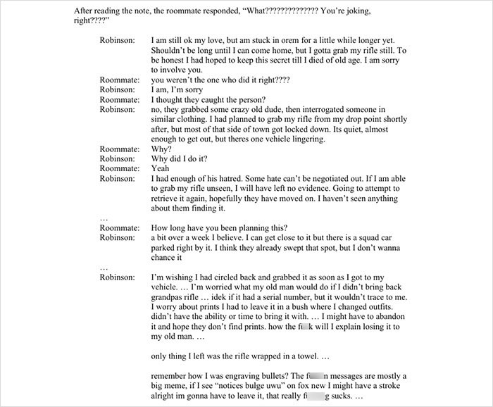Transcript of a typed conversation revealing concerns about a rifle and plans amid tensions involving Tyler Robinson's trans partner disappearance. Transcript of a typed conversation revealing concerns about a rifle and plans amid tensions involving Tyler Robinson's trans partner disappearance.