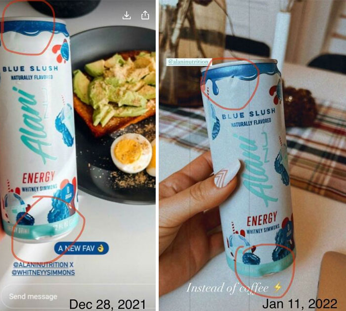 Energy drink can labeled Alan Nutrition Blue Slush held next to avocado toast and boiled egg, fitness influencers promoting health drink.