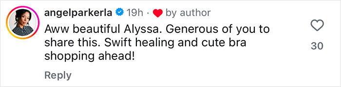 Instagram comment by user angelparkerla praising Alyssa Milano&rsquo;s post about removing breast implants and wishing a swift recovery.