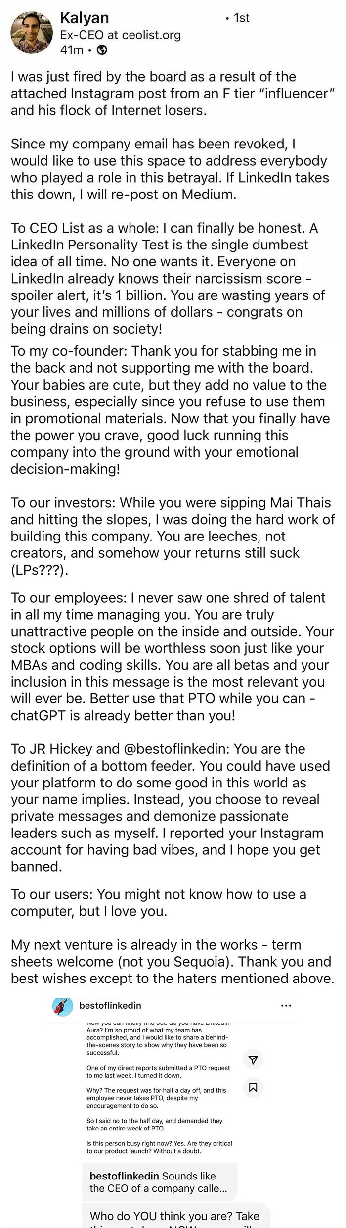Screenshot of a LinkedIn post showing a fired CEO's rant highlighting the dangers of hustle culture and loss of real-life balance.