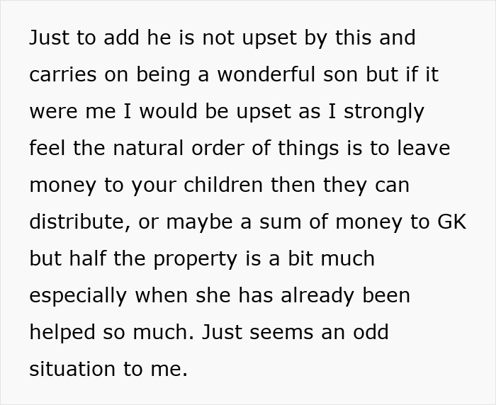 Text discussing upset feelings about estate division leaving half to husband and half to niece instead of children.