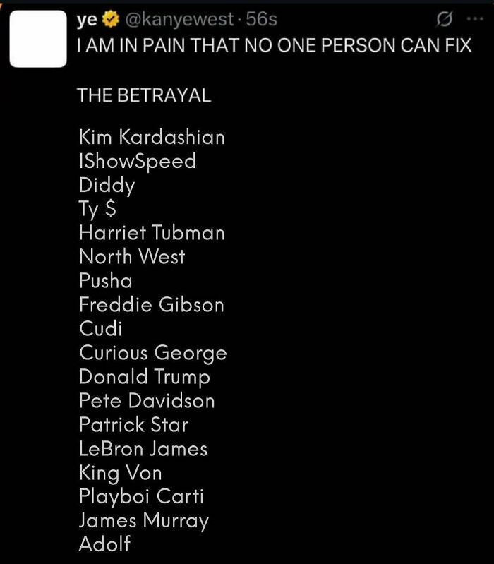 Screenshot of Kanye West&rsquo;s public betrayal list mentioning daughter North West, causing fan backlash and pain.