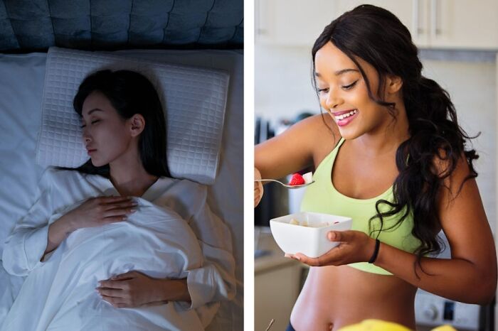 Image showing everyday adulting skills: a woman sleeping peacefully and another woman happily eating a healthy breakfast.