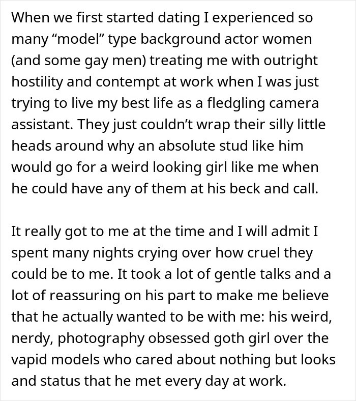 Text excerpt describing a woman feeling devastated after friends say her model boyfriend is out of her league.
