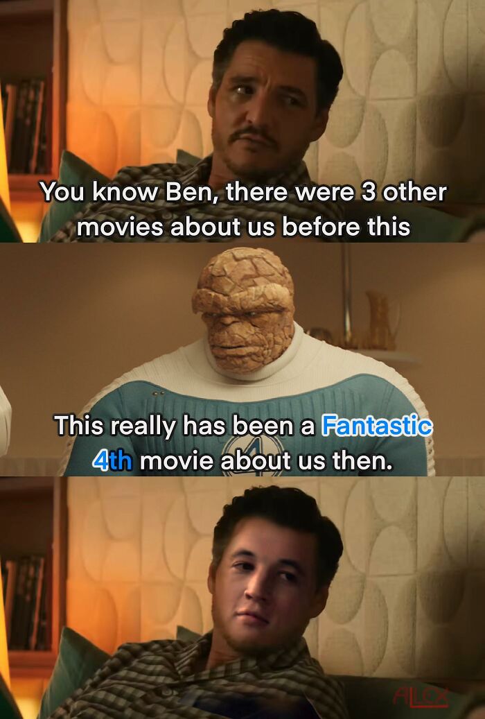 Marvel meme featuring characters discussing the Fantastic Four as the fourth movie about them with humorous dialogue.