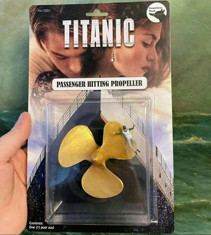 Funny Titanic toy with passenger hitting propeller, one of the weirdest purchases people would make in a heartbeat.