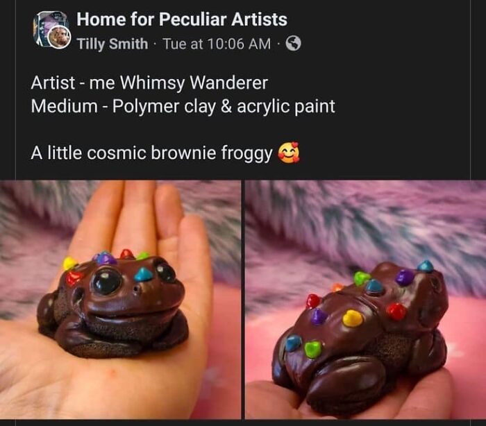 Handcrafted polymer clay cosmic brownie frog with colorful spots, showcasing one of the weirdest purchases people would make.