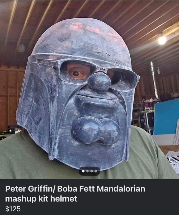 Man wearing a Peter Griffin and Boba Fett Mandalorian mashup helmet, one of the weirdest purchases people would make.