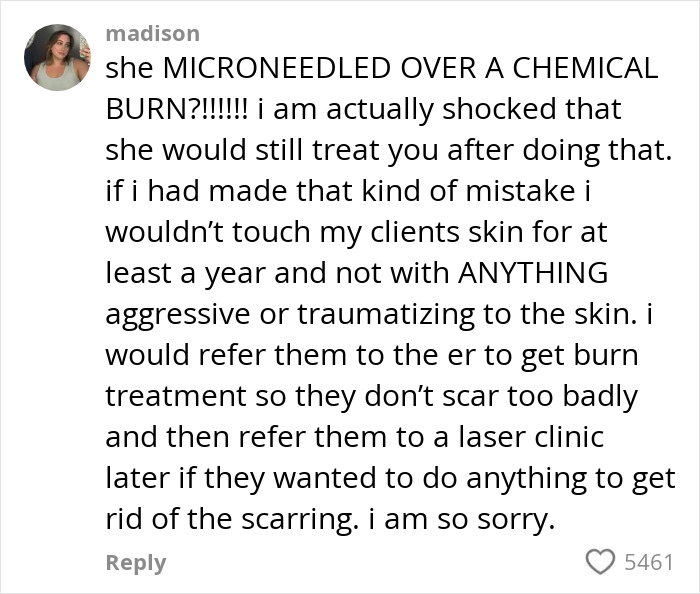 Comment discussing chemical burn and microneedling mishap causing permanent disfigurement after celebrity facialist treatment.