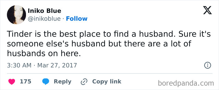 Tweet about Tinder being the best place to find a husband, humorously noting many husbands are on the platform, dating memes.