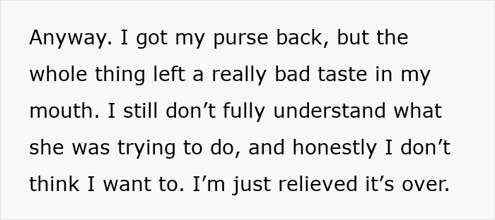 Text excerpt expressing relief after a purse fiasco leading to the end of a 15-year friendship.