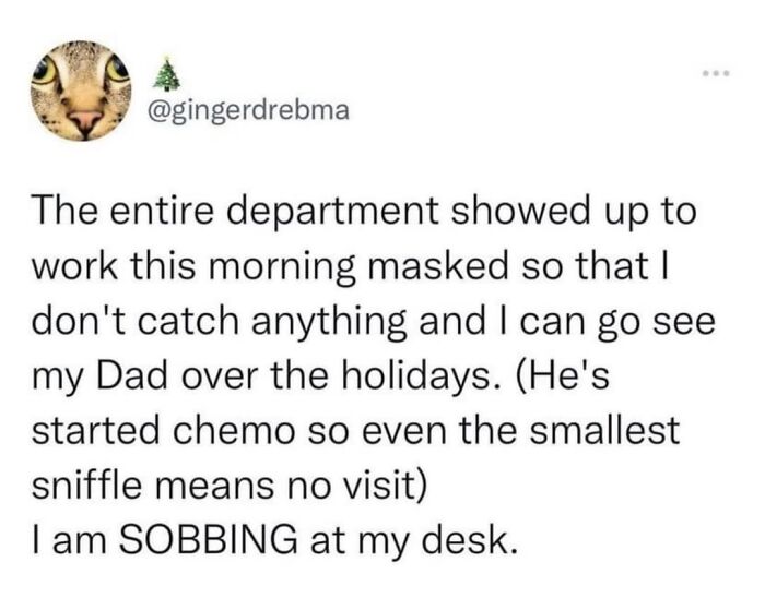 Screenshot of a wholesome post about coworkers masking to protect a colleague's dad undergoing chemo treatment.