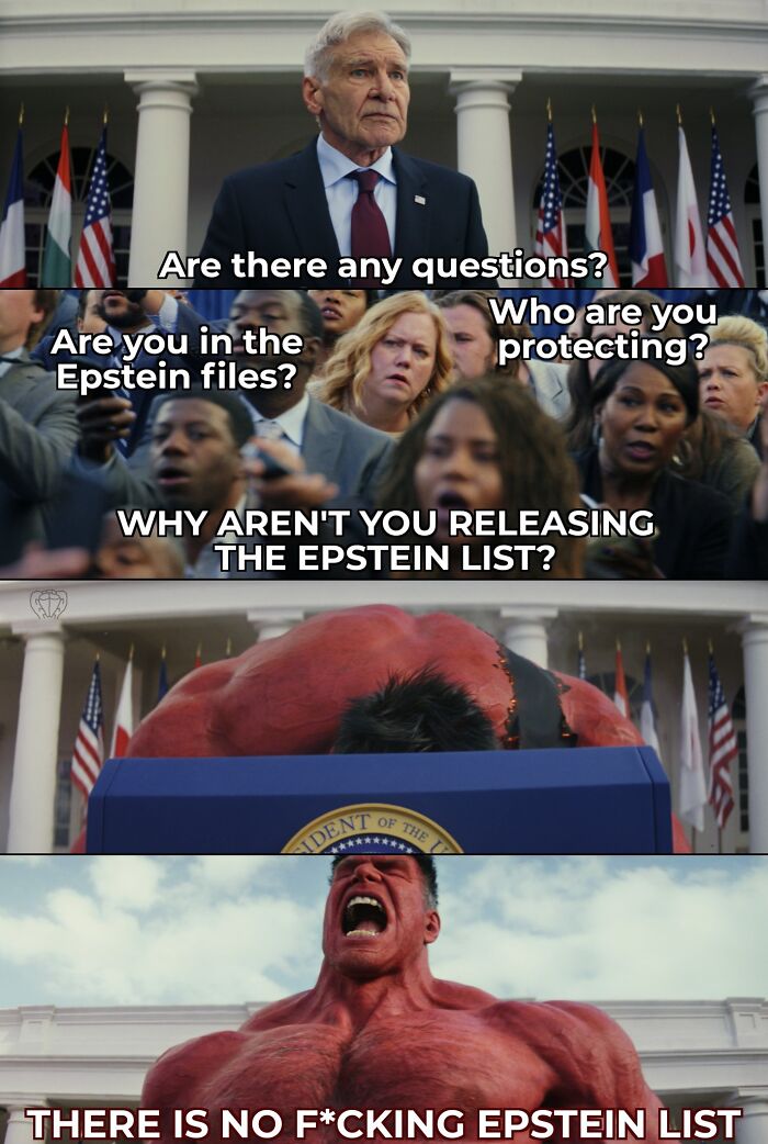 Hulk angrily addressing crowd with Marvel memes text about Epstein files and releasing the Epstein list.