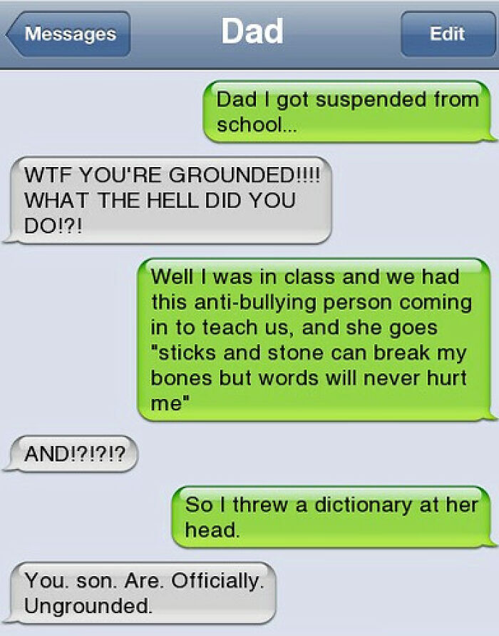 Text message conversation between dad and son with funny story, illustrating humor in 126 texts that might make you laugh.