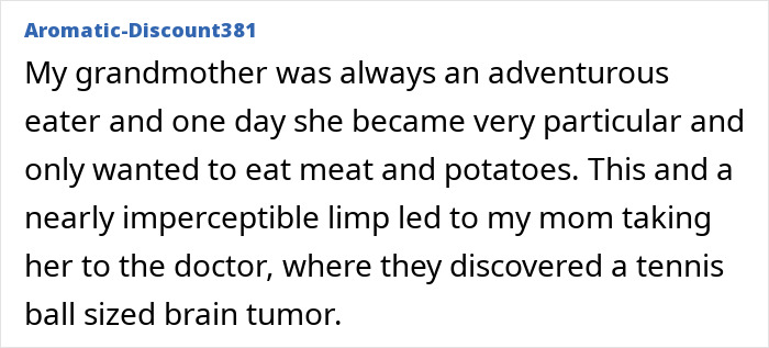 Text post describing a weird symptom leading to a heartbreaking brain tumor diagnosis before doctors intervened.