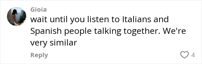 Comment by Gioia discussing similarities between Italians and Spanish people talking together on social media.