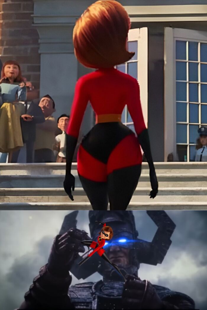 Animated scenes featuring Elastigirl from The Incredibles in a humorous Marvel memes mashup.