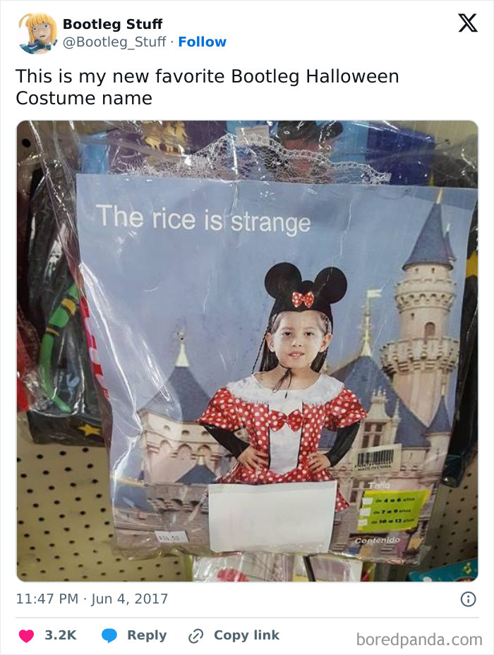 Child wearing a bootleg Halloween costume with mouse ears and a red polka-dot dress in an off-brand packaging.